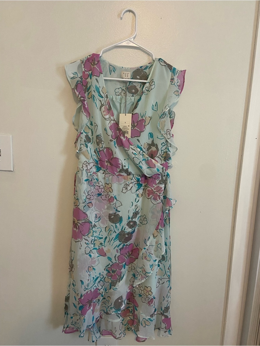 Beautiful A New Day Aqua & Violet Floral Ruffle Wrap Dress Small